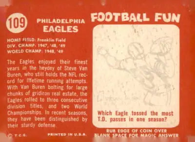 Vintage Philadelphia Eagles football trading card from 1958 Topps #109 in EX-NM condition
