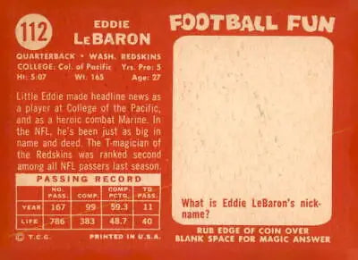 Vintage football card back featuring Eddie LeBaron Washington Redskins trading card