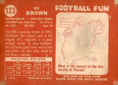 Vintage football card featuring 1958 Topps #123 Ed Brown brown trading card for collectors