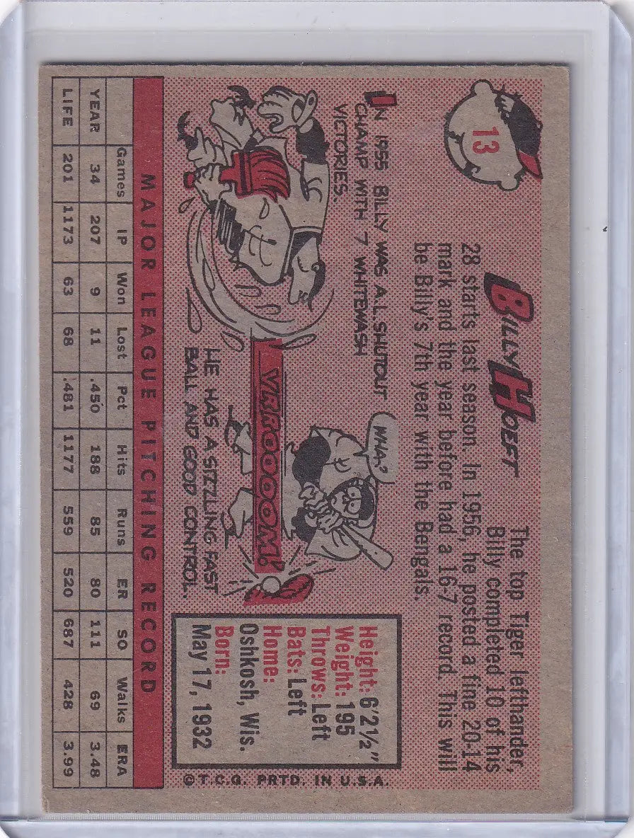 Baseball card featuring Billy Hoeft of the Detroit Tigers with cartoon illustration and stats