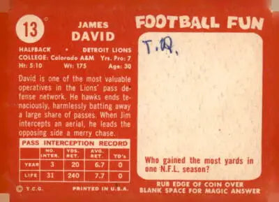 Vintage football sports trading card of Jim David from 1958 Topps series