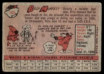 Vintage back of 1958 Topps #143 Billy Muffett baseball card showcasing player stats