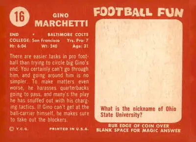 Vintage football card featuring Gino Marchetti from 1958 Topps sports trading card collection
