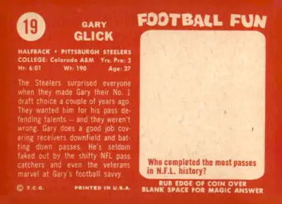 Vintage Gary Glick trading card from 1958 Topps #19 in EX-NM condition