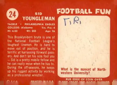 Vintage 1958 Topps Sid Youngelman trading card featuring Philadelphia Eagles player