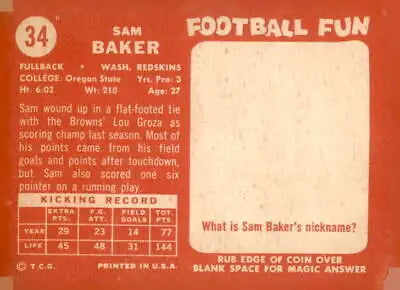 Vintage Sam Baker football trading card from 1958 Topps #34 in excellent condition