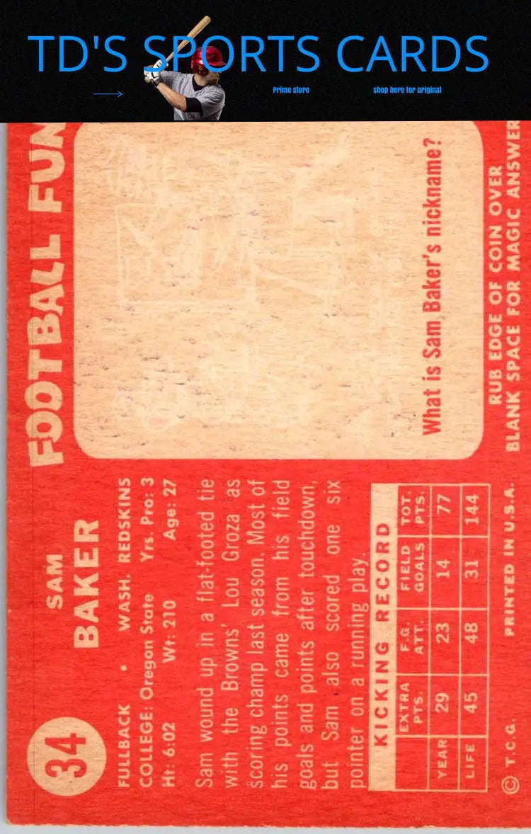 Vintage Sam Baker trading card from the 1958 Topps #34 baseball cards collection