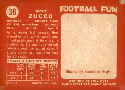 Vintage 1958 Topps Vic Zucco Chicago Bears trading card in EX-MT condition