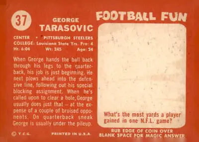 Vintage 1958 Topps George Tarasovic trading card back showing trading card features