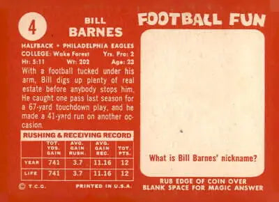 Vintage football trading card 1958 Topps #4 Bill Barnes EX-MT Philadelphia Eagles memorabilia