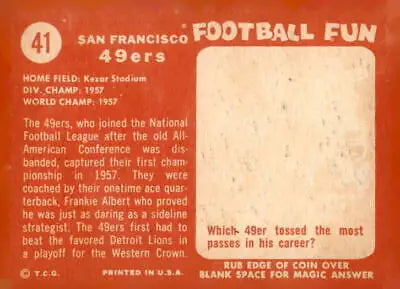 Vintage football card back featuring 1958 Topps #41 San Francisco 49ers trading card