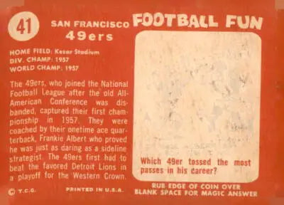 Vintage 1958 Topps San Francisco 49ers football card showcasing historic san francisco memorabilia