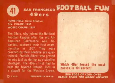 Vintage 49ers football card from 1958 Topps featuring San Francisco 49ers memorabilia