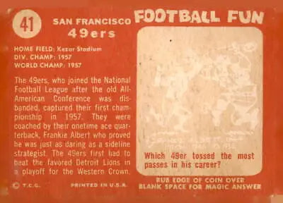 Vintage 1958 Topps #41 San Francisco 49ers football card showcasing team history and style