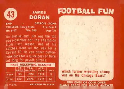 Jim Doran football trading card from 1958 Topps #43 in excellent condition