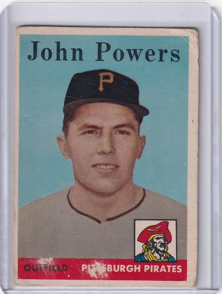 Baseball card of John Powers, Pittsburgh Pirates player in cap with P logo