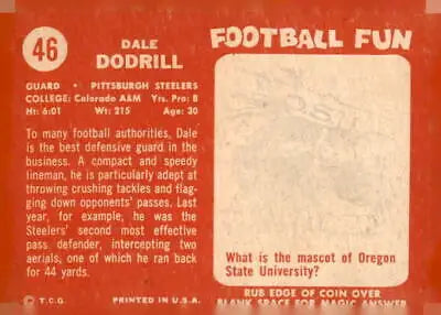 Back of the 1958 Topps #46 Dale Dodrill sports trading card featuring player details