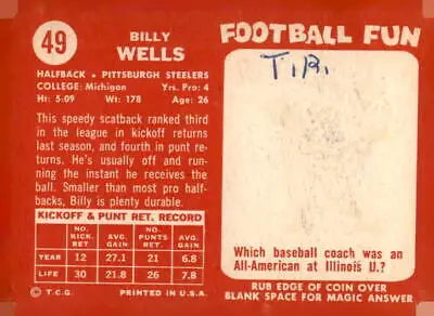 Vintage 1958 Topps Billy Wells football trading card, sports trading card collectible
