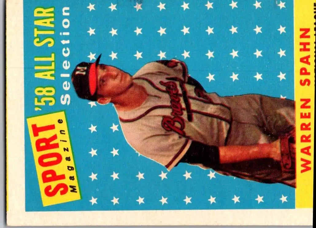 Vintage Warren Spahn baseball card from 1958 Topps #494 Milwaukee Braves