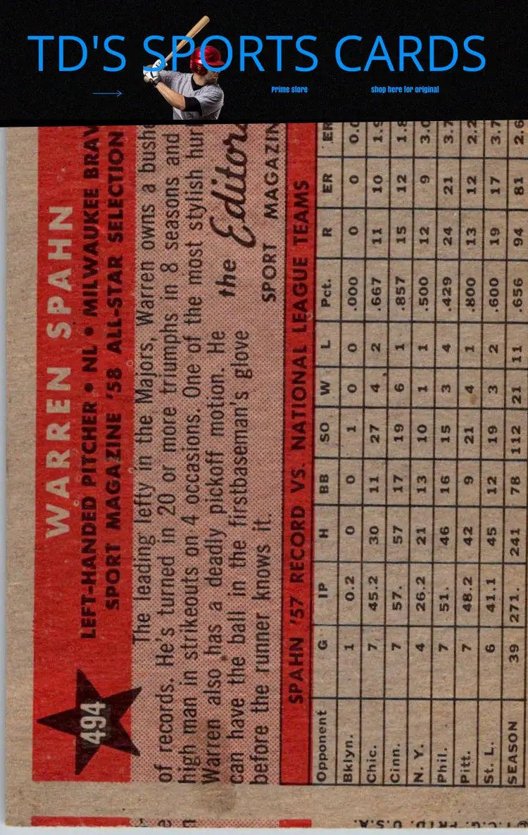 Vintage 1958 Topps Warren Spahn baseball card with career stats for collectors