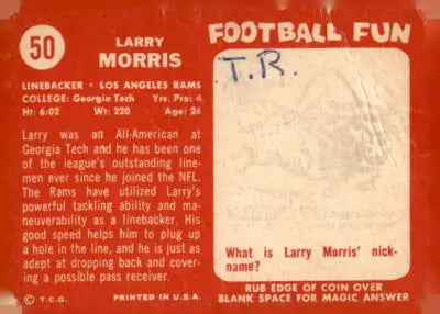 Vintage trading card of Larry Morris from the 1958 Topps Los Angeles Rams collection