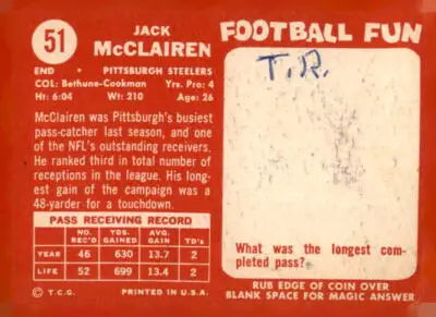 Vintage trading card of Jack McClairen from the 1958 Topps Pittsburgh Steelers series
