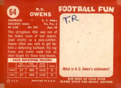 Vintage football trading card of R.C. Owens from the 1958 Topps #64 San Francisco 49ers
