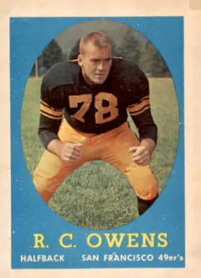 Vintage football trading card of R.C. Owens from the 1958 Topps series featuring a San Francisco 49ers player