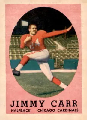 Vintage Jimmy Carr football trading card featuring Chicago Cardinals from 1958 Topps