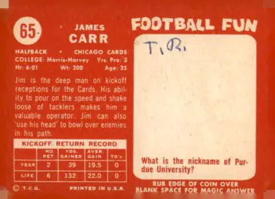 Vintage trading card featuring Jimmy Carr from the 1958 Topps Chicago Cardinals collection