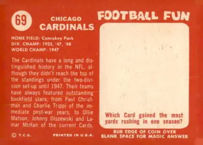 Vintage football card back showcasing Chicago Cardinals 1958 Topps #69EX-MT