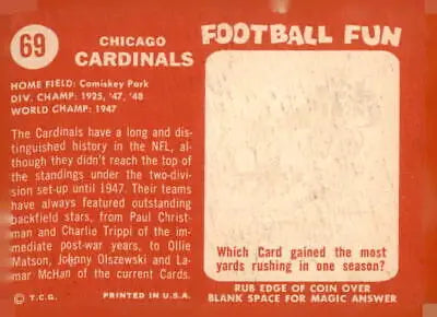 Vintage Chicago Cardinals trading card back from 1958 Topps sports memorabilia collection