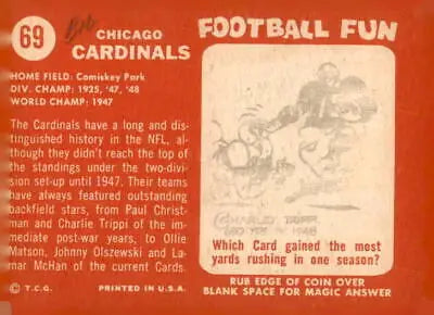 Vintage football card back of 1958 Topps #69 Chicago Cardinals trading cards