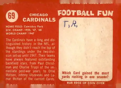 Vintage Chicago Cardinals trading card from 1958 Topps #69, collectible football card