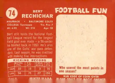 Vintage football card back of 1958 Topps #74 Bert Rechichar, Baltimore Colts trading cards