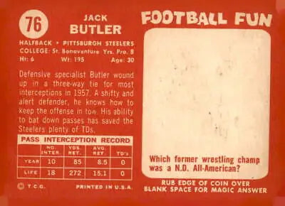 Vintage football card of Jack Butler from 1958 Topps #76, ideal for sports trading collections