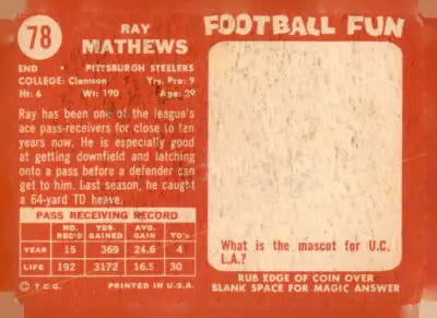 Vintage Ray Mathews football card from 1958 Topps #78, perfect for Ray Mathews trading collections
