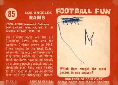 Vintage Los Angeles Rams football trading card from 1958 Topps #85 showcasing los angeles team