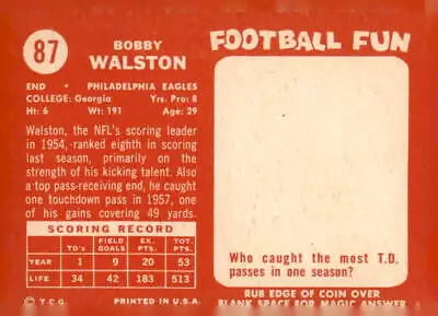 Vintage trading card featuring 1958 Topps #87 Bob Walston in EX-MT condition