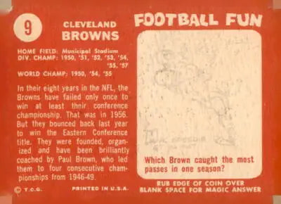 Vintage Cleveland Browns trading card from the 1958 Topps #9 set in EX-MT condition