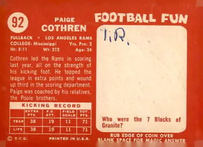 Vintage Paige Cothren football trading card from 1958 Topps #92 displayed