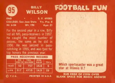 Vintage 1958 Topps #95 Billy Wilson football card in EX-MT condition