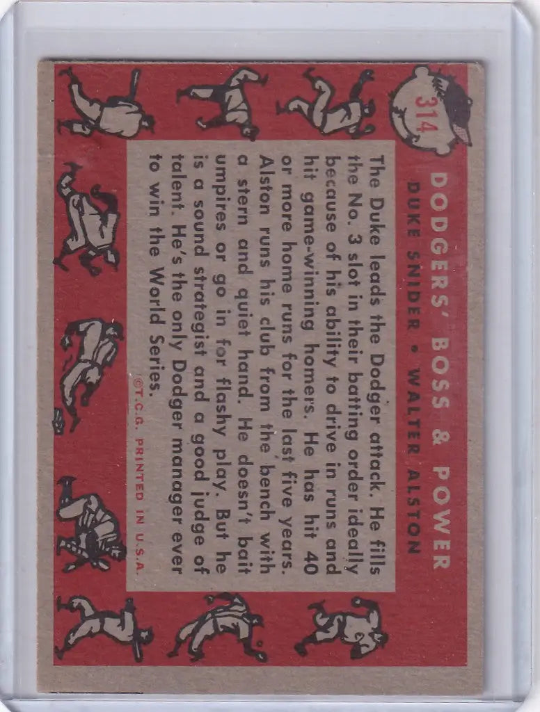 Vintage Baseball Card featuring Dodgers Boss Alston Snider with cartoon dogs on red background