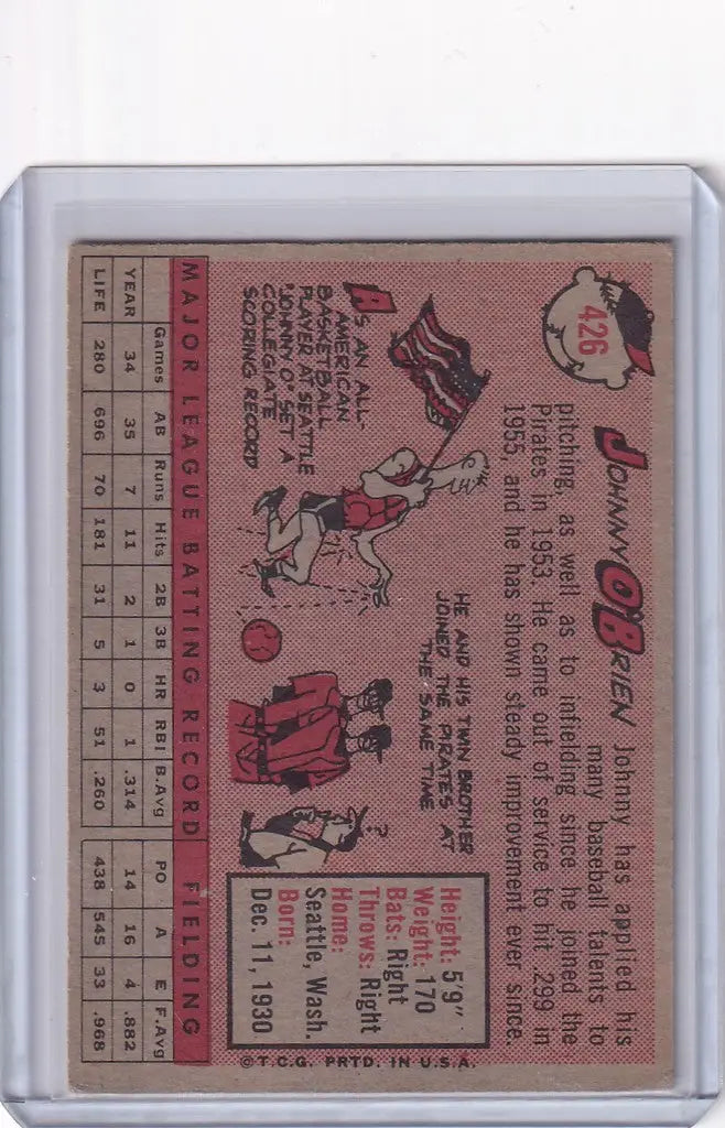 Vintage Topps Baseball trading card of Johnny O’Brien from the Pittsburgh Pirates