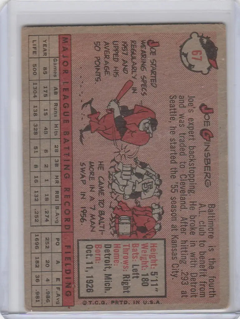Vintage 1958 Topps Baseball card of Joe Ginsberg, Baltimore Orioles player statistics