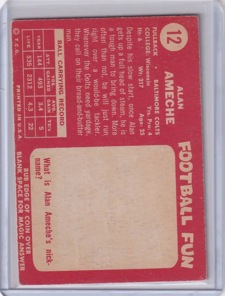 Vintage Topps Football card featuring Alan Ameche of the Baltimore Colts on red background