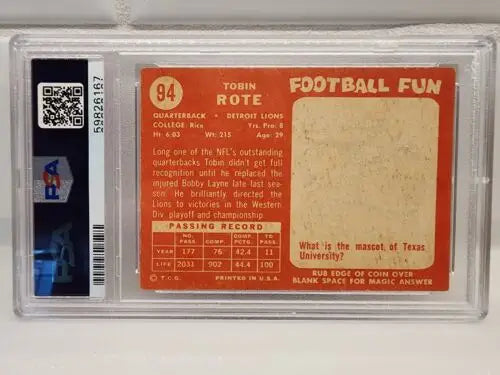 Graded 1958 Topps Tobin Rote football card PSA 4 in excellent condition