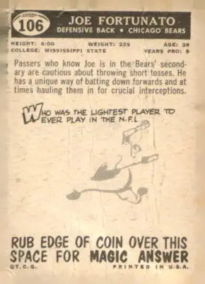 Vintage football card back showing Joe Fortunato football collectible for 1959 Topps #106