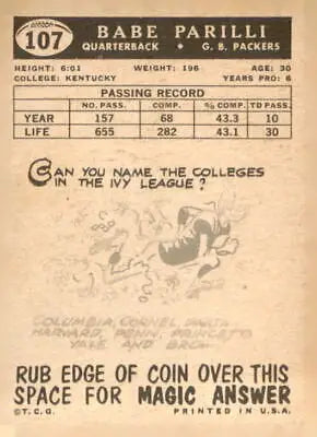 Vintage football card back featuring Babe Parilli from the Green Bay Packers 1959 Topps #107