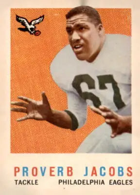 Vintage football card of Proverb Jacobs from the 1959 Topps #108 Jacob’s Football series